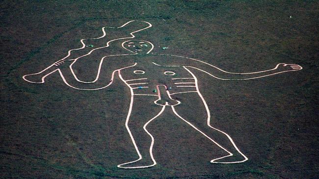 Aerial view of the Cerne Abbas Giant thought to be a fertility symbol carved into Dorset hillside.