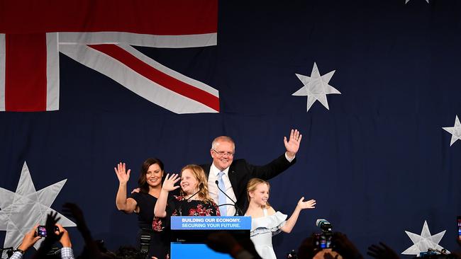 Prime Minister Scott Morrison with wife Jenny (left) children Abbey (right) and Lily (left) after winning the 2019 Federal Election. Picture: AAP