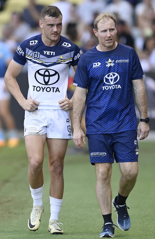 Zac Laybutt of the Cowboys comes form the field after being injured during round five. (Photo by Ian Hitchcock/Getty Images)