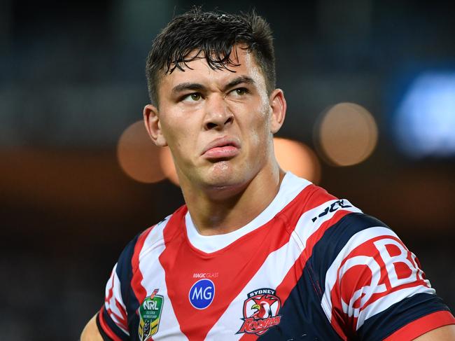 Roosters Joseph Manu looks on during the Round 7 NRL match between the Canterbury-Bankstown Bulldogs and the Sydney Roosters at ANZ Stadium in Sydney, Thursday, April 19, 2018. (AAP Image/Mick Tsikas) NO ARCHIVING, EDITORIAL USE ONLY