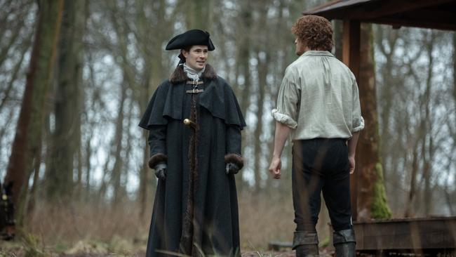 Lord John Grey (David Berry) and Jamie Fraser (Sam Heughan) in Outlander.