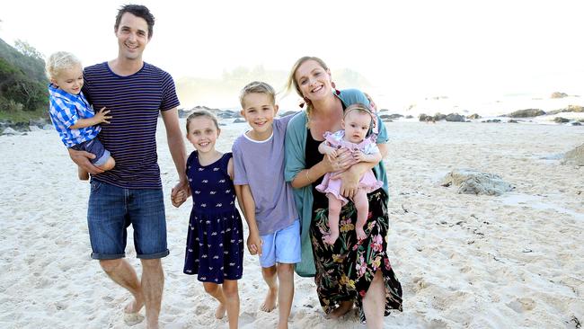 Liz and Stefan Hostettler with their children Freycin 10, Camille 8, Harvey 2 and Elke at Shelly Beach in Port Macquarie. Picture: Nathan Edwards