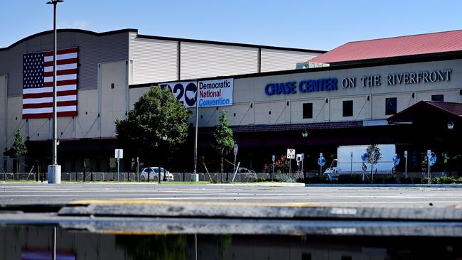 A banner of the Democratic National Convention hangs outside the Chase Center in Wilmington, Delaware. Picture: AFP.