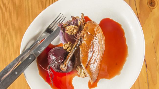 Elegantly smoked duck breast with roasted beetroot.