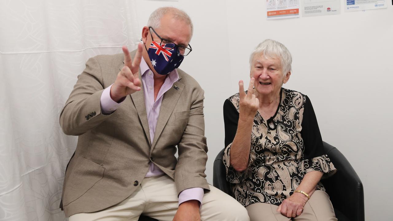 Prime Minister Scott Morrison with Jane Malysiak, the first Australian recipient to receive the Pfizer COVID-19 vaccine at Castle Hill Medical Centre. Picture: Adam Taylor/PMO/via NCA NewsWire