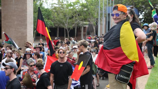 Rocket Bretherton was among hundreds of Territorians who demonstrated on Invasion Day 2024 by marching from Civic Park through Darwin city on Friday, January 26. Picture: Zizi Averill