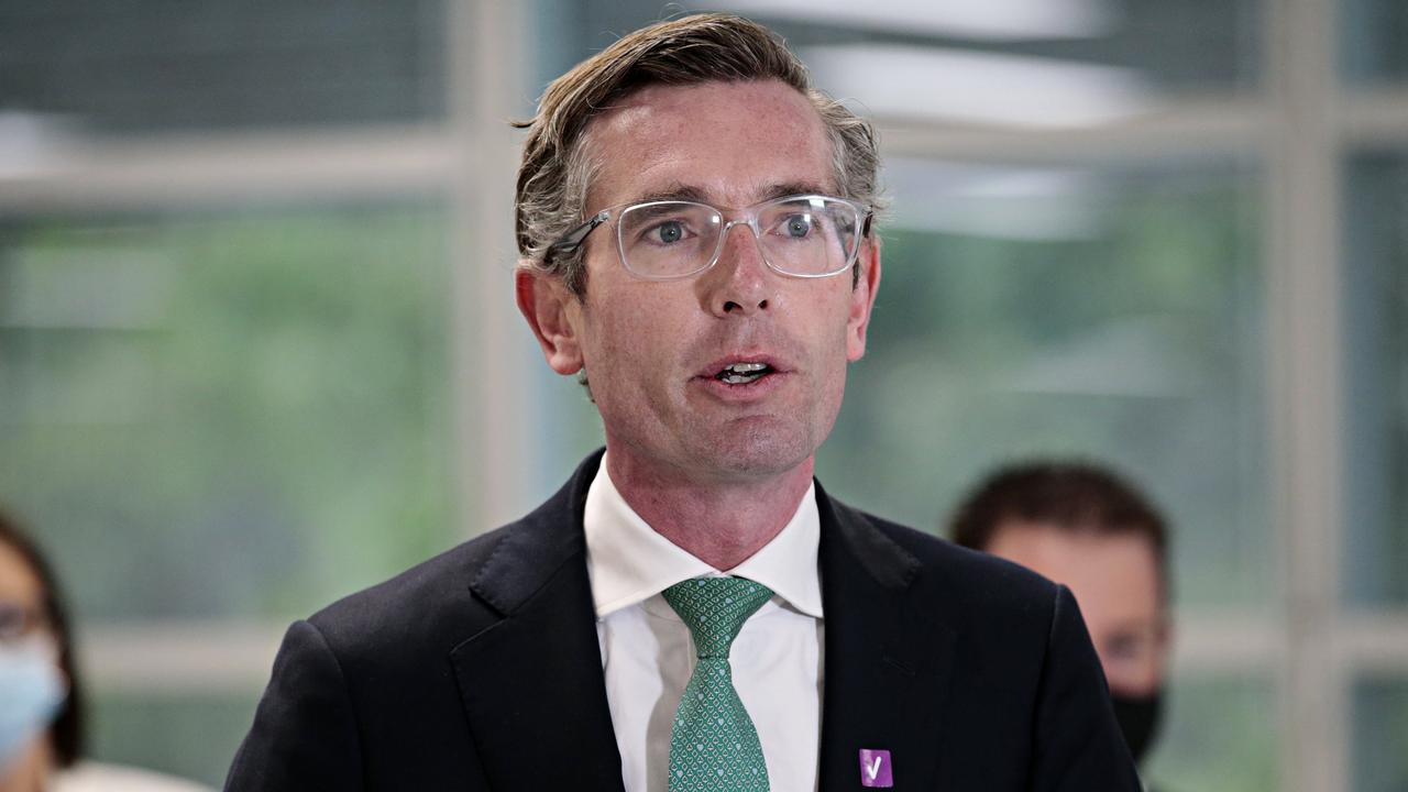 Premier Dominic Perrottet speaking at a press conference at NSW Vaccination hub at Sydney Olympic Park. Picture: NCA NewsWire/Adam Yip