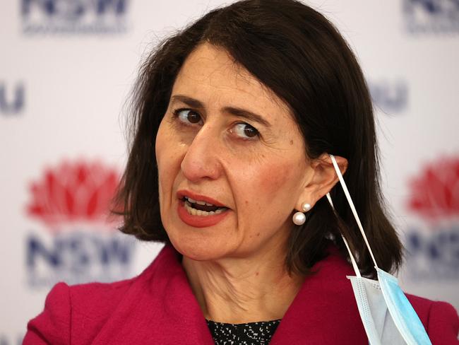 SYDNEY, AUSTRALIA - NewsWire photos AUGUST 06, 2021: Premier Gladys Berejiklian removes her mask before speaking during a Covid-19 update in Sydney. Picture: NCA NewsWire / Dylan Coker