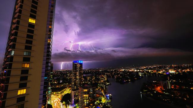 Lightning seen from Surfers Paradise on Wednesday. Picture: Nigel Hallett