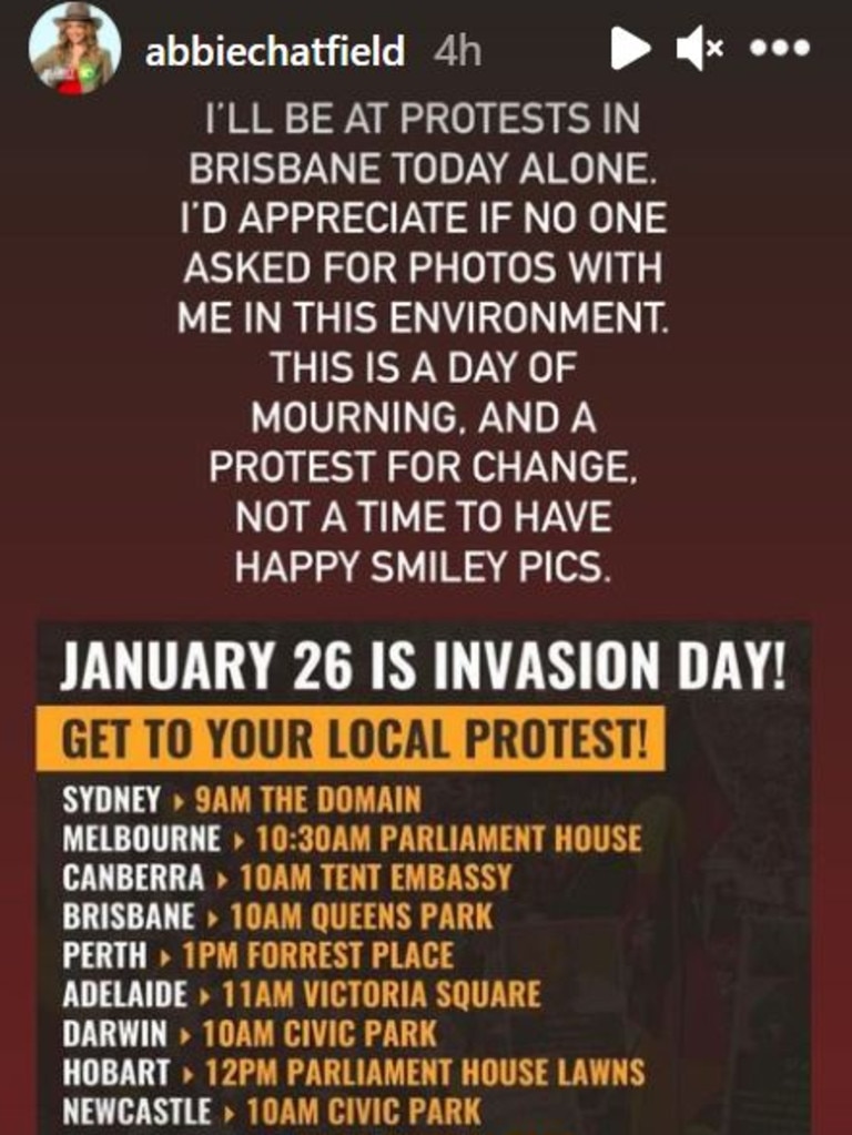 Abbie revealed she was attending Brisbane’s Invasion Day protest. Picture: Instagram