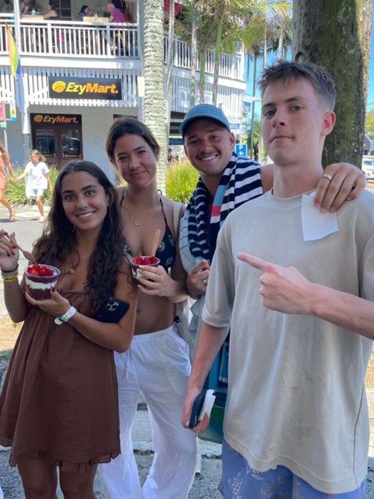 Jasmine Bettess, 18, Gemma Elcock, 18, Charlie Begg, 18, and Wam Sorrell, 18, at Byron Bay Schoolies celebrations. Picture: Sam Stolz