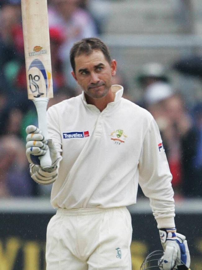 Justin Langer celebrates a century in 2005. Picture: Phil Hillyard.