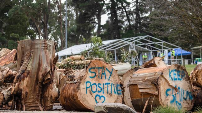 Messages written on cut timber near Kalorama. Picture: Jason Edwards