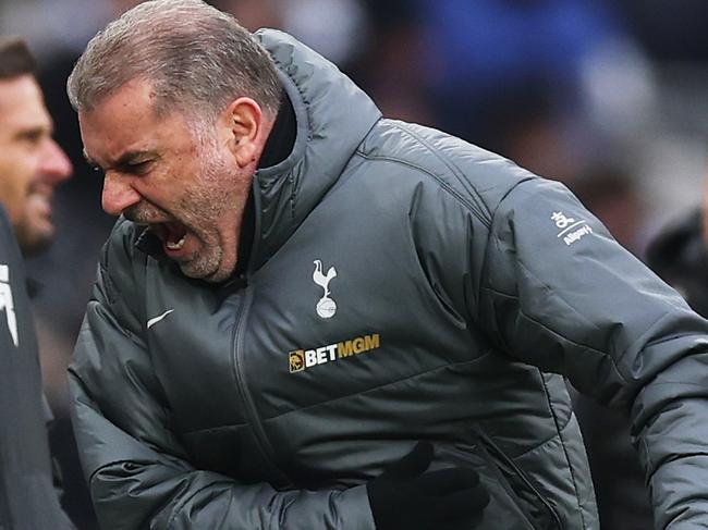 LONDON, ENGLAND - JANUARY 04: Ange Postecoglou, Manager of Tottenham Hotspur, reacts during the Premier League match between Tottenham Hotspur FC and Newcastle United FC at Tottenham Hotspur Stadium on January 04, 2025 in London, England. (Photo by Alex Pantling/Getty Images)