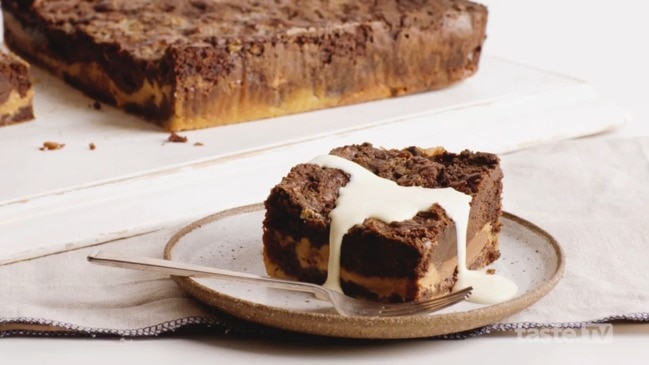 Choc-peanut condensed milk dump cake