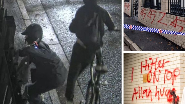 Clockwise from left: Images of men wanted over the Synagogue attacks; the Newtown Synagogue; Southern Sydney Synagogue president George Foster.