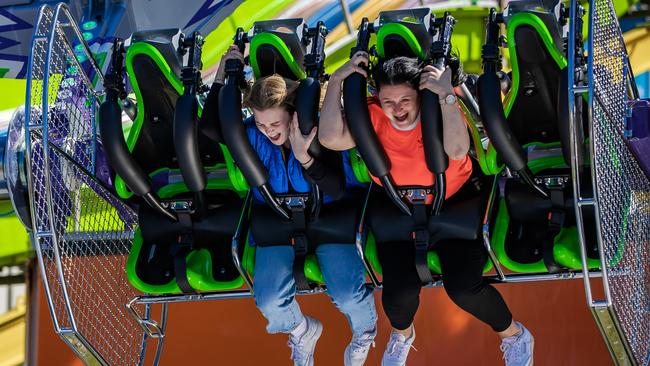 Faith Eveille, 18, and Zoe Roublev from Brisbane try out The Joker ahead of the Ekka. Picture: Nigel Hallett