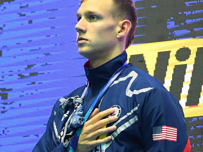 US swimmer Caeleb Dressel after winning gold in the 100m butterfly at last year’s world championships in Korea. Picture: Getty Images