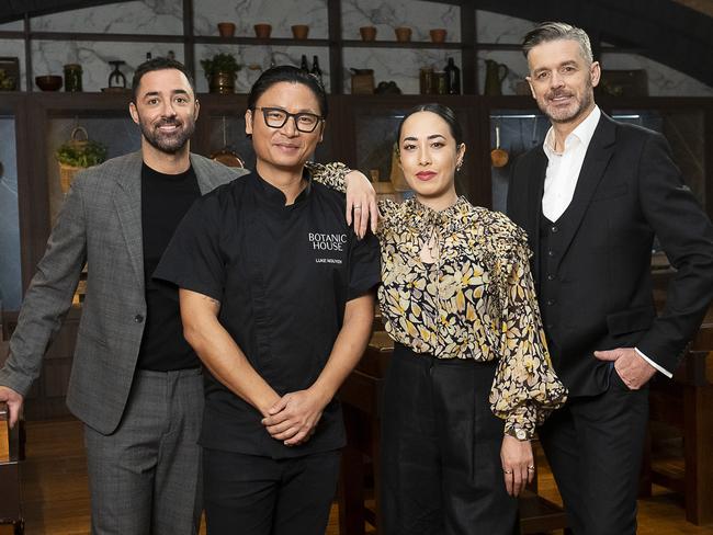 Melissa Leong with Andy Allen, Jock Zonfrillo and Luke Nguyen during his appearance on Masterchef for the presssure cook challenge. Picture: Supplied