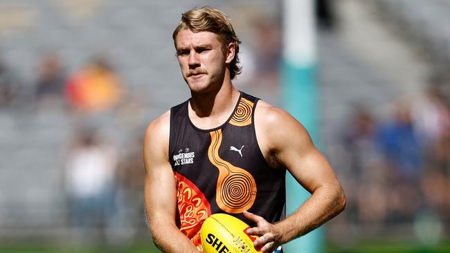 PERTH, AUSTRALIA - FEBRUARY 15: Jason Horne-Francis of the All Stars warms up during the 2025 Toyota AFL Indigenous All Stars match between the Indigenous All Stars and the Fremantle Dockers at Optus Stadium on February 15, 2025 in Perth, Australia. (Photo by Michael Willson/AFL Photos via Getty Images)