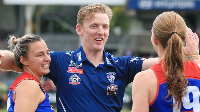 2018 NAB AFL WomenÕs Grand Final between the Western Bulldogs and the Brisbane Lions at Ikon Park, Melbourne. Coach Paul Groves celebrates the win. Picture: Mark Stewart