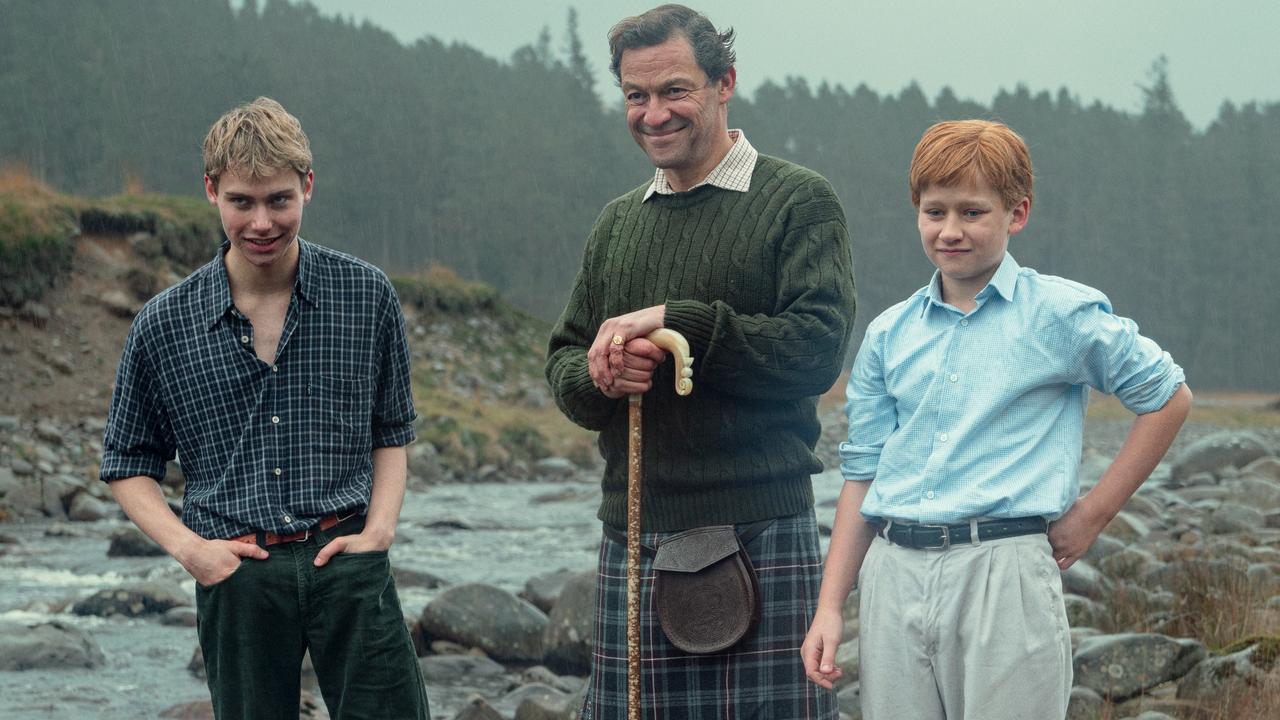 Dominic West as the then Prince Charles with William (Rufus Kampa) and Harry (Fflyn Edwards) in season 6 of The Crown. Picture: Justin Downing/Netflix