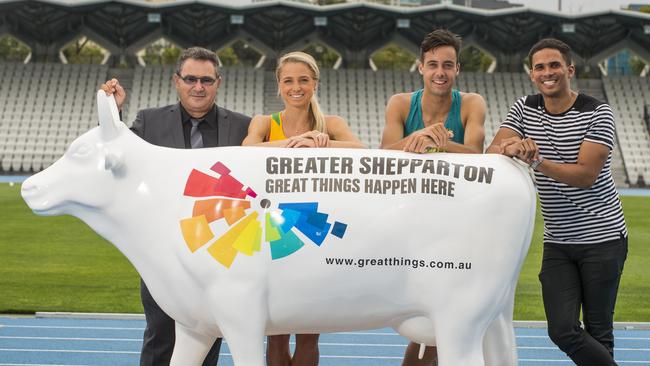 Shepparton mayor Dinny Adem, athletes Genevieve LaCaze and Luke Mathews with Athletics Australia's John Steffensen. Picture: Eugene Hyland