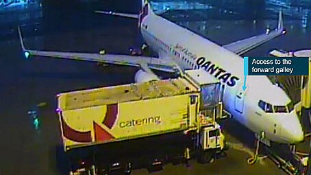 A supplied image of the catering van loading the plane from the forward gallery.