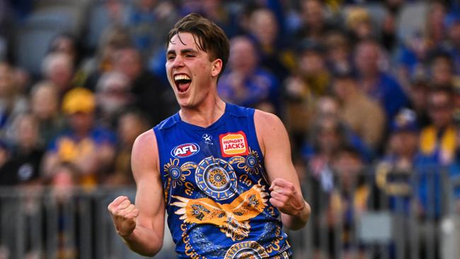 West Coast’s Jack Williams celebrates a goal. (Photo by Daniel Carson/AFL Photos via Getty Images)