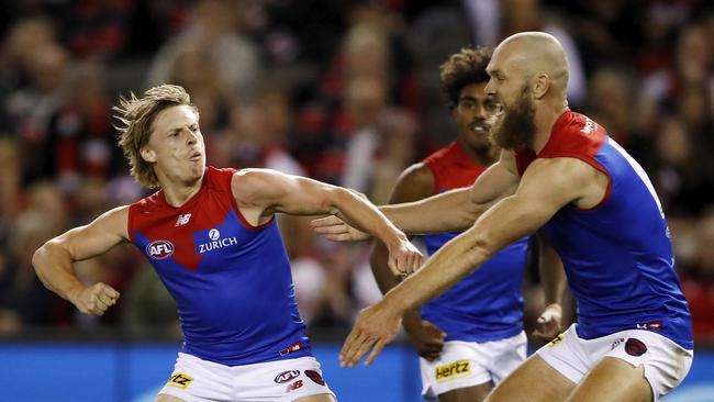 Charlie Spargo celebrates a goal with Max Gawn. Picture: Getty Images