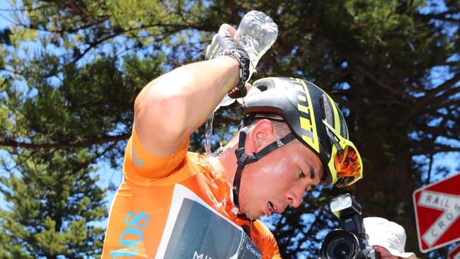 18.1.2018.TDU day 3 . Glenelg to Victor Harbor.Caleb Ewen at the end of stage 3 and retaining the ochre jersey.  pic tait schmaal.