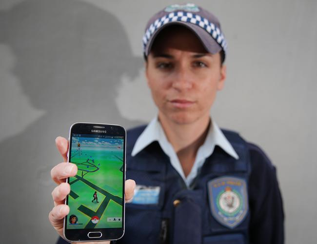 Constable Marie Godzik warning of phone thefts while people were playing Pokemon Go last year. Picture: Daniel Aarons