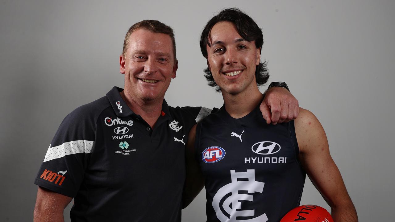 Ollie Hollands with new coach Michael Voss after being drafted by Carlton. Picture: Michael Klein