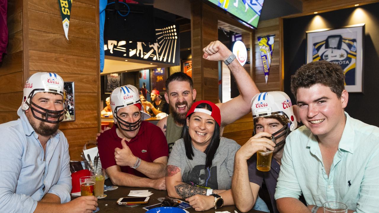 Watching the NFL Super Bowl at Tailgate Sports Bar are (from left) Will Brett, Chase Richardson, Dean Kruger, Roxy Kruger, David Brett and Thomas Brett, Monday, February 14, 2022. Picture: Kevin Farmer