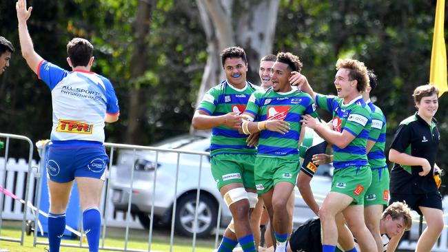 GPS players celebrate a try Mens, Sunnybank v GPS Saturday May 13, 2023. Picture, John Gass