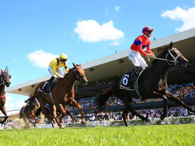 SYDNEY, AUSTRALIA - MARCH 27: James McDonald on Verry Elleegant wins race 4 the Ranvet Stakes during Golden Slipper Day at Rosehill Gardens on March 27, 2021 in Sydney, Australia. (Photo by Mark Evans/Getty Images)