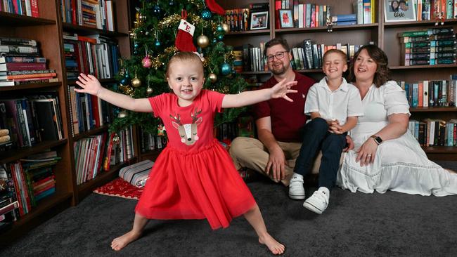 Evelyn Tuckerman last Christmas … she had to go to the US for lifesaving proton therapy treatment as a baby. Picture: Brenton Edwards