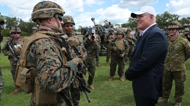 Scott Morrison visits the Robertson Barracks in Darwin after announcing a $747m package for upgrades to defence facilities in the Northern Territory on Wednesday. Picture: Adam Taylor/PMO