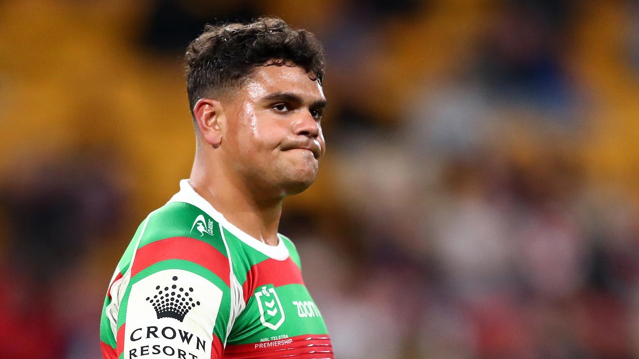 Latrell Mitchell of the Rabbitohs reacts after being sent to the sin bin