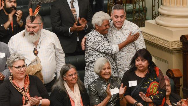 Indigenous leader Nerida Saunders hugs a friend after the First Nations Voice Bill passes. Picture: NCA NewsWire / Brenton Edwards