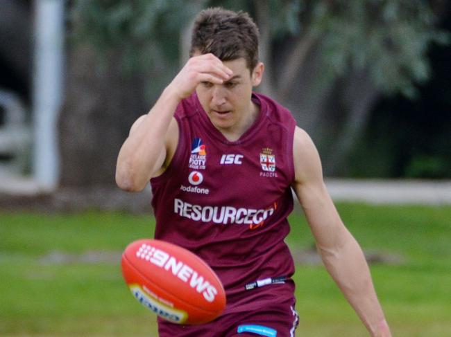 Adelaide Footy League division one match between Prince Alfred Old Collegians and Goodwood Saints at Park 9, Saturday, July 4, 2020. PACÃs Jack Trangove kicks the ball. (Pic: Brenton Edwards)