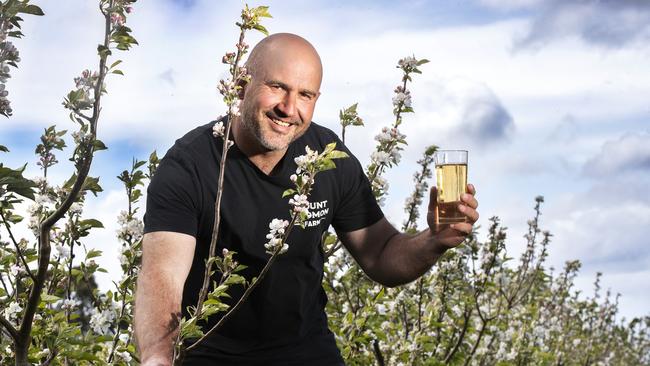 Guy Robertson of Mount Gnomon Farm samples a cider in his blossoming apple orchard at Penguin. PICTURE CHRIS KIDD