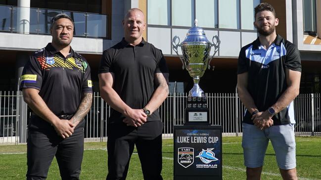 (L-R) Tinirau Arona (St Clair Comets), Luke Lewis and Tom Carr (Aquinas Colts) with the Luke Lewis Cup ahead of the inaugural representative match between Cronulla Juniors and Penrith Juniors at Sutherland Oval, Saturday, June 8, 2024. Picture: Tom Gibbs, NSWRL