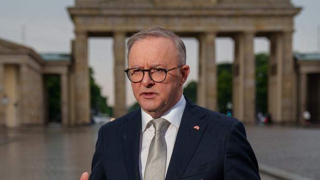 Anthony Albanese in front of the Brandenburg Gate in Berlin on Monday. Picture: PMO