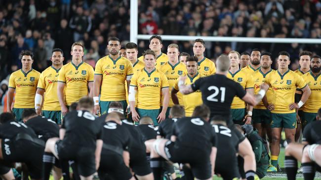 The Wallabies face the Haka during the second Bledisloe Cup match between New Zealand and Australia at Auckland’s Eden Park last August. Picture: AAP Image/Peter Meecham