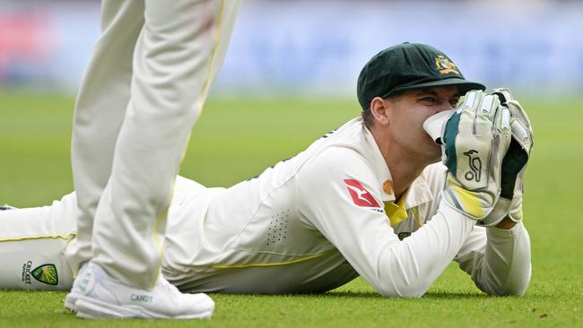 Australian wicketkeeper Alex Carey reacts after dropping England’s Harry Brook. Picture: Getty Images