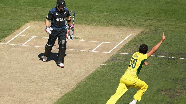 Mitchell Starc celebrates the wicket of Brendon McCullum at the MCG in 2015. Picture: Getty Images.