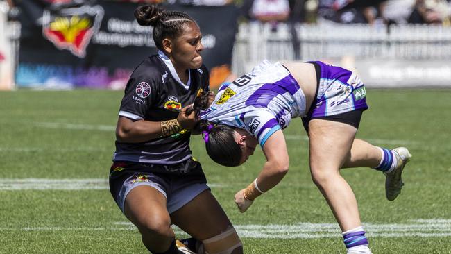 Savannah Roberts-Hickling makes a tackle. U17s girls Koori Knockout grand final, Northern United Dirawongs vs. Minda Sisters. Picture: Andrea Francolini