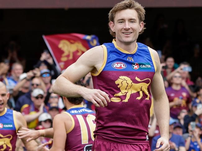 BRISBANE, AUSTRALIA - AUG 11: Harris Andrews of the Lions his team out during the 2024 AFL Round 22 match between the Brisbane Lions and the GWS GIANTS at The Gabba on August 11, 2024 in Brisbane, Australia. (Photo by Russell Freeman/AFL Photos via Getty Images)