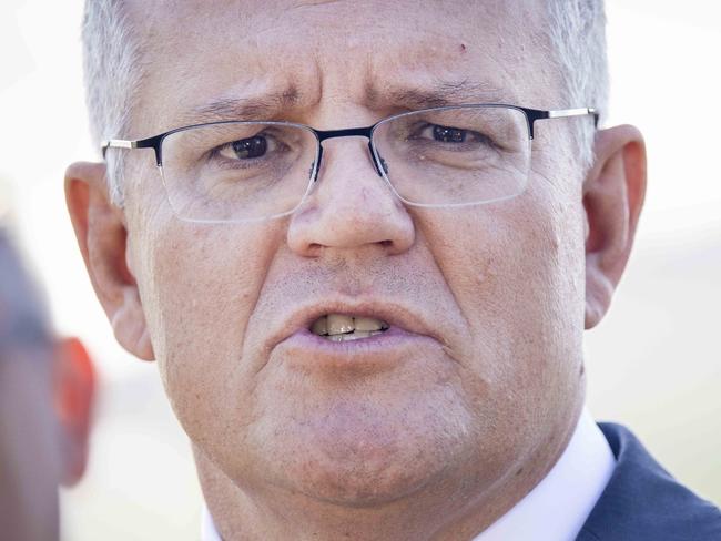 PORTLAND, VICTORIA, AUSTRALIA - NewsWire Photos MARCH 19, 2021.The Hon. Scott Morrison MP Prime Minister visits the Portland Aluminium smelter, to announce funding. PM Scott Morrison speaking to the press. Picture: NCA NewsWire / Nicole Cleary